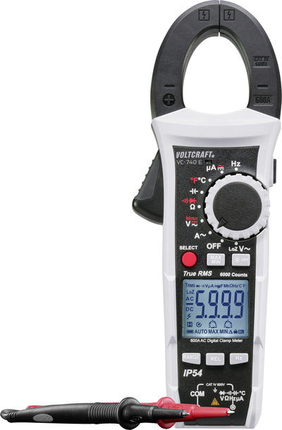 VOLTCRAFT VC-740 E Stromzange, Hand-Multimeter digital Spritzwassergeschützt (IP54) CAT IV 600 V Anzeige (Counts): 6000 (VC-740 E) von VOLTCRAFT