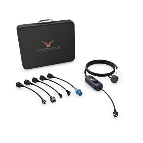 VOLTMOVE Elektroauto Ladekabel / Mobile Wallbox Typ 2 auf Schuko | Reiseadapter-Komplettset (DE, DK, IT, CH, UK, Camping) 230V Schuko Laden mit 8/10/13 oder 16A, 5 Meter Länge + gratis Wandhalterung von VOLTMOVE