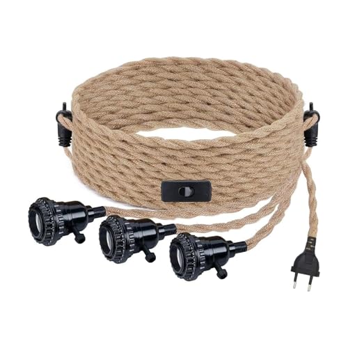 Hanfseil Pendellampe Kit mit Schalten und EU Stecker 3 Flammig Hängeleuchte E27 Fassung mit 8,5M Textilkabel Vintage Industrial Pendelleuchte mit Stecken für Küche Esstisch, ohne Glühbirne von VOMI