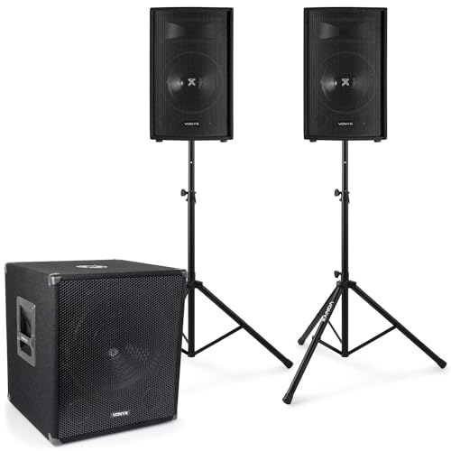 DJ Lautsprecher Set, Mobile PA Anlage Komplettset, Vonyx 2.1 Soundsystem, DJ Boxen, 1100 Watt Musikanlage mit Subwoofer und Stativ, Aktiv PA Lautsprecher Aktiv Set, Beschallungsanlage Komplett von VONYX