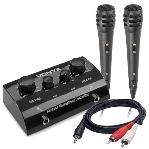 Karaokeanlage - Vonyx AV430B - Mischpult mit Mikrofonen und Kabeln - Verwandeln Sie Ihre Stereoanlage in eine echte Karaokeanlage! - Schwarz von Vonyx