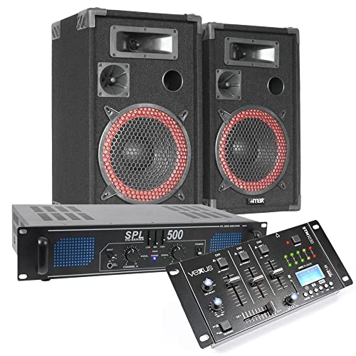 MAX DJ Komplettset - Lautsprecher Set 500 Watt mit Verstärker DJ Mixer und Audio Kabeln, DJ Boxen Set, Musikboxen, Sound Anlage, DJ Anlage, PA Anlage, PA Boxen, PA Speaker Set von VONYX