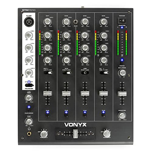SkyTec STM-7010 - DJ Mischpult, 4 Kanäle mit USB-Eingang, Club Mixer, DJ Mixer, MIC-Inputs, DMX, Crossfader, VU-Meter, Audio-Mixer, 4-Kanal-Mischpult, von VONYX