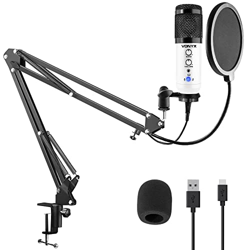VONYX CMS320W - Studio Mikrofon mit Halterung, inkl. Pop-Filter mit Schwanenhals, Gaming Mikrofon PC Set, 14kHz, USB Mikrofon, Streaming, Podcast, Aufnahme Mikrofon, Weiß von VONYX