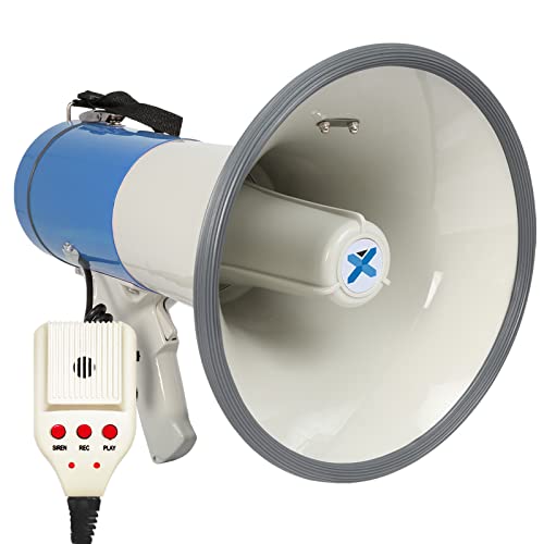VONYX MEG060, Megafon mit Sirene und Mikrofon 60 Watt, MP3, USB, SD, AUX, lautes Megaphone Lautsprecher, Megaphon mit Aufnahmefunktion, Sprachverstärker bis 1 KM, Umhänge-Gurt, blau-weiß von VONYX