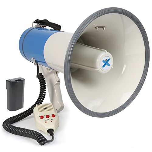 VONYX MEG065 Megafon mit Sirene und Mikrofon, 65 Watt lautes Megaphone Akku, Aufnahme-Funktion, MP3-Player, USB, SD- und AUX-Anschluss, Umhänge-Gurt Megaphon blau-weiß von VONYX