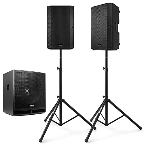 Vonyx 2.1 DJ Lautsprecher Set, Mobile PA Anlage Komplettset, DJ Boxen Starter Set, 2400 Watt mit Subwoofer und Stativ, Aktiv PA Lautsprecher Set, 2.1 Soundsystem, Aktive Lautsprecher Boxen von VONYX