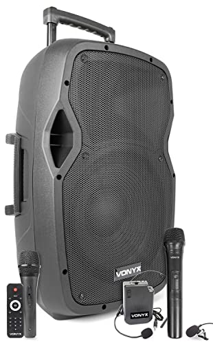 Vonyx AP1200PA - Mobile PA Anlage, Partybox Bluetooth mit Akku, 600 Watt Party Lautsprecher mit UHF-Mikrofon, Kabel-Mikrofon und Wireless Headset, Musikbox Bluetooth Groß, MP3 - USB/SD, Handgriff von VONYX