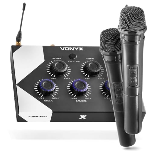 Vonyx AV510 PRO Karaoke Mikrofon Set mit 2x drahtlosen UHF Mikrofonen und Karaoke Mixer, KTV Set, Bluetooth Handmikrofon, Dynamisches Funkmikrofon System, für Zuhause, DJ, Kneipe - Schwarz Vonyx AV510 PRO Karaoke Mikrofon Set mit 2x drahtlosen UHF Mikrofonen und Karaoke Mixer, KTV Set, Bluetooth Handmikrofon, Dynamisches Funkmikrofon System, für Zuhause, DJ, Kneipe - Schwarz von Vonyx