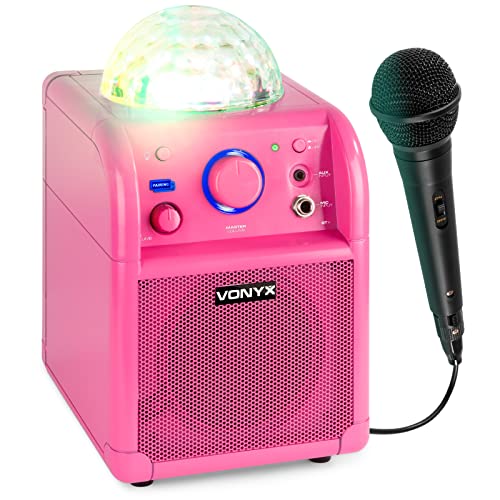 Vonyx SBS50P Karaoke Box mini Blockrocker Lautsprecher, Karaoke Maschine mit 1 Mikrofon und Akku Musikbox, Bluetooth Lautsprecher 50 Watt, mit LED Party Lichteffekte für klein und groß in Rosa Pink von VONYX