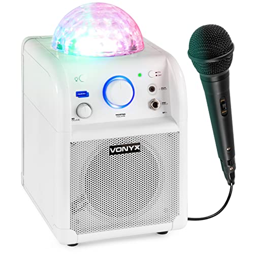 Vonyx SBS50W Bluetooth Karaoke Maschine, Kinder Musikbox mit LED Party Lichteffekte, Karaoke Anlage mit Mikrofon und Akku, 50 Watt, in Weiß von VONYX