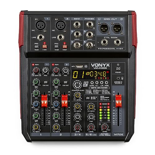 Vonyx VM-KG06 Analog Mixer, analoger Audio Mixer für Bands, Mischpult DJ Mixer, 6 Kanal DJ Mischer mit Bluetooth, MIC, XLR, 6,3mm Jack, DSP Soundeffekt, USB, MP3, Record, DJ Mischpult, Band Mixer von VONYX