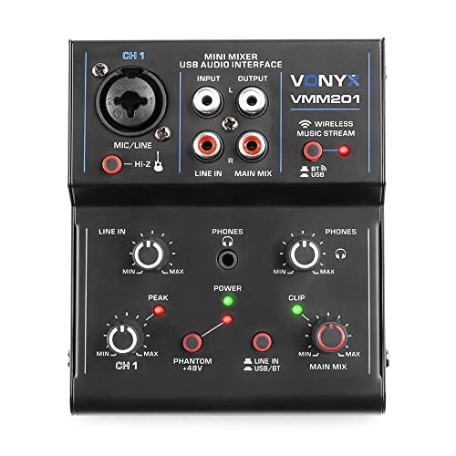 Vonyx VMM201 USB-Mixer - 2 Kanal Mischpult mit Bluetooth und USB-Audioschnittstelle von VONYX