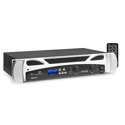 Vonyx VPA1500 PA Verstärker Endstufe 1500 Watt Leistungsverstärker 2x 750 W mit Bluetooth,MP3-Player, USB, SD, 19 Zoll Rack, 2U, RCA Cinch IN, NL2 Out, 6,3mm Klinke IN-OUT, VU-Meter - Schwarzweiß von VONYX