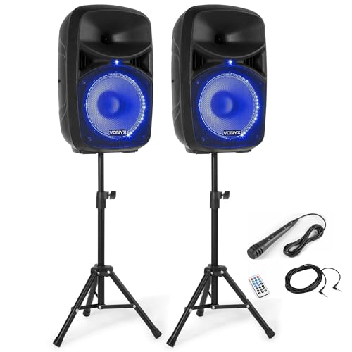 Vonyx VPS102A, PA Lautsprecher Set mit Ständer und Mikrofon, 600 Watt 10 Zoll LED Aktivboxen, Partyboxen mit Stativen, Bluetooth, USB, SD, MP3, PA Anlage Komplettset, DJ Boxen, Stativ Lautsprecherset von VONYX