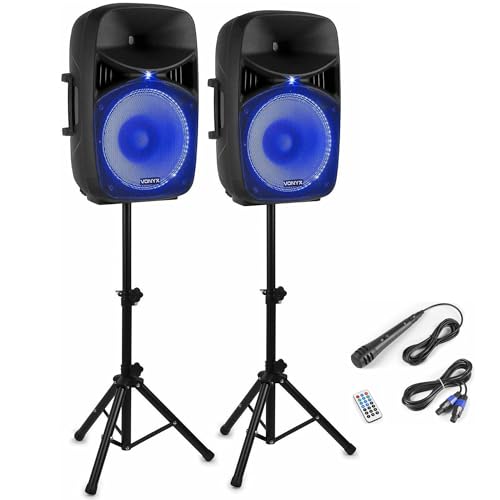 Vonyx VPS122A PA Lautsprecher Set mit Ständer und Mikrofon, 800 Watt 12 Zoll LED Aktivboxen, Partybox Bluetooth mit Stativen, USB, SD, MP3, PA Anlage Komplettset, DJ Boxen, Stativ Lautsprecherset von VONYX