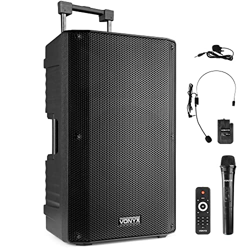 Vonyx VSA500-BP Partybox Bluetooth Lautsprecher groß mit Akku, 800W, Mobile PA Anlage Komplettset, 2 drahtlose Mikrofone, Mobiler Lautsprecher, Karaoke Anlage, aktivbox Beschallungsanlage von VONYX