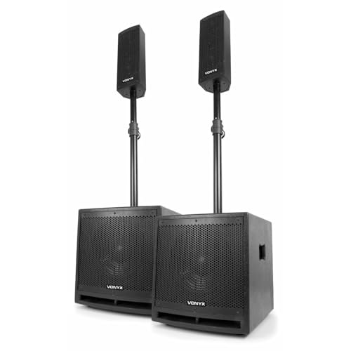 Vonyx VX1000BT PA Lautsprecher Set, Aktiv Musikanlage, 1000 Watt 2X Subwoofer, 2X Topteile, 2X Bi-amp Lautsprecherkabel, für Partys, Gigs und kleine Festivals, schwarz von VONYX