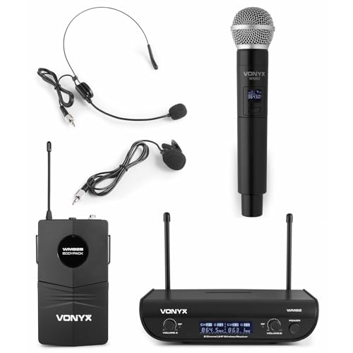 Vonyx WM82 - Empfänger mit einem Funk Mikrofon, UHF Mikrofon Set, Handmikrofon und Bodypack Taschensender mit Headsetmikrofon, für DJs, Moderatoren, Entertainment, Shows von VONYX