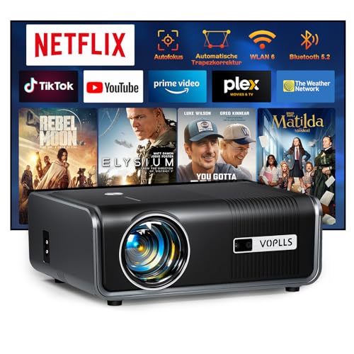 Smart Beamer【Netflix Official/Autofokus Trapezkorrektur】 Full HD 1080P 25000L Beamer 4K Unterstütz, VOPLLS WIFI6 Bluetooth Heimkino Video/Outdoor Beamer für Android/iPhone/Handy Projektor mit Stativ von VOPLLS