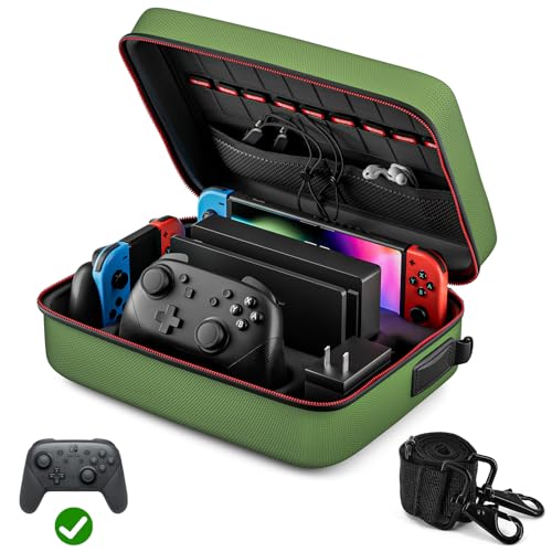 VORI Tasche für Nintendo Switch, Harte Schutztasche für Switch Große Tasche kann mehrere Griffe aufnehmen und Tasche Dock, Tragetasche mit 18 Spielkassetten, grün von VORI