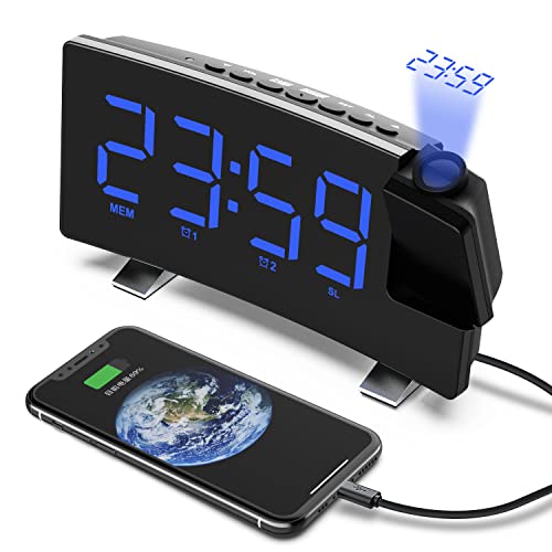 VORRINC Projektionswecker, Digital Wecker Radiowecker mit Projektion 180 °, USB-Anschluss Doppelalarme Snooze 12 / 24H, 3 Projektionshelligkeit mit Automatischem Dimmer, für Schlafzimmer Decke (Blau) von VORRINC