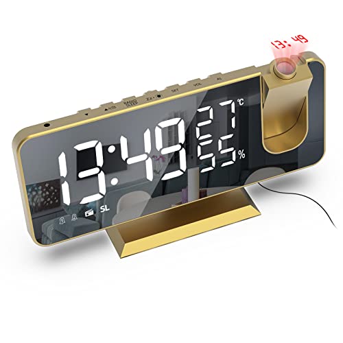 VORRINC Projektionswecker, Radiowecker Digitaler Wecker mit FM-Radio, 7" LED Spiegelbildschirm, Dual-Alarm mit USB-Anschluss, 4 Projektionshelligkeit, 180 ° Flip-Anzeige und 12 / 24H (Tyrannengold) von VORRINC