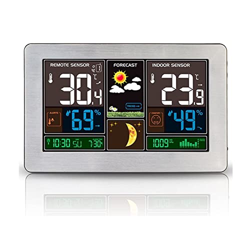 VORRINC Wetterstation Funk mit Außensensor,Wettervorhersage,Farbdisplay,Innen Aussen Digital Thermometer,Hydrometer Feuchtigkeit, DCF Empfangssignal Funkuhr,Mondphase(Silber) von VORRINC