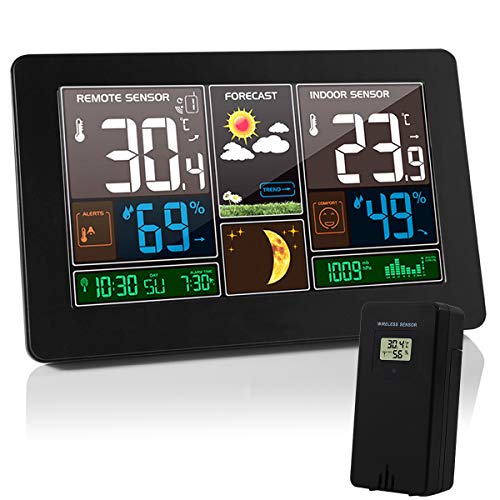 VORRINC Wetterstation Funk mit Außensensor,Wettervorhersage,Farbdisplay,Innen Aussen Digital Thermometer,Hydrometer Feuchtigkeit, DCF Empfangssignal Funkuhr,Mondphase (Schwarz) von VORRINC