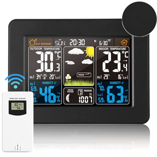 Wetterstation mit Farbdisplay Außensensor, DCF Empfangssignal Funkuhr, Digital Thermometer Hygrometer Innen und Außen Raumthermometer Hydrometer Feuchtigkeit Wetterstation mit Farbdisplay Außensensor, DCF Empfangssignal Funkuhr, Digital Thermometer Hygrometer Innen und Außen Raumthermometer Hydrometer Feuchtigkeit von VORRINC