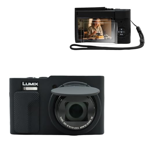 VOVMOEYA Kameratasche für Lumix TZ99, für TZ99 Kameratasche, Silikonhülle, mit 0,25 mm ultradünnem Displayschutz für Panasonic Lumix TZ99, mit Handschlaufe, Schwarz , Kosmetikkoffer von VOVMOEYA