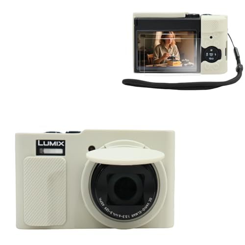 VOVMOEYA Kameratasche für Lumix TZ99, für TZ99 Kameratasche, Silikonhülle, mit 0,25 mm ultradünnem Displayschutz für Panasonic Lumix TZ99, mit Handschlaufe, beige, Kosmetikkoffer von VOVMOEYA