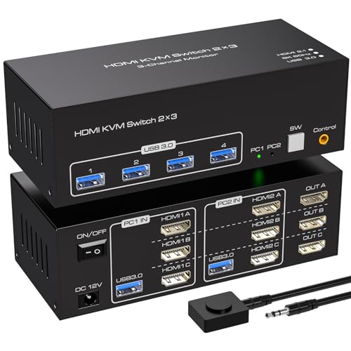 VPFET 4K144Hz HDMI KVM Switch 3 Monitore 2 Computer 8K60Hz 2 PC Triple Monitore Switches mit 4 Ports USB 3.0 zum Anschluss von Tastatur Maus und Drucker Inklusive 2 USB 3.0 Kabel und DC12V Adapter von VPFET