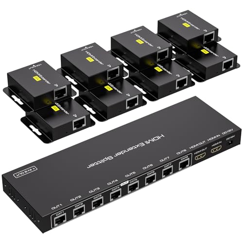 VPFET 8 Port HDMI Extender Splitter 1 in 8 Out over Cat6 Ethernet Bis zu 50m 165ft mit 1 HDMI Loop Out Unterstützung 1080P 60Hz EDID Management und POC Nur mit TX verbunden von VPFET
