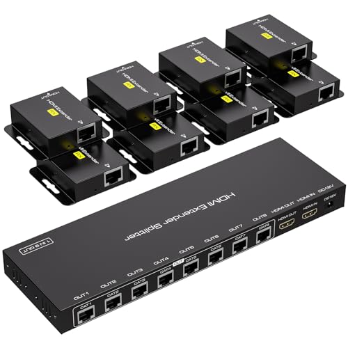 VPFET 8 Port HDMI Extender Splitter 1 in 8 Out over Cat6/7 Ethernet Bis zu 50m/165ft mit 1 HDMI Loop Out Unterstützung 1080P@60Hz EDID Management und POC（Nur mit TX verbunden） von VPFET