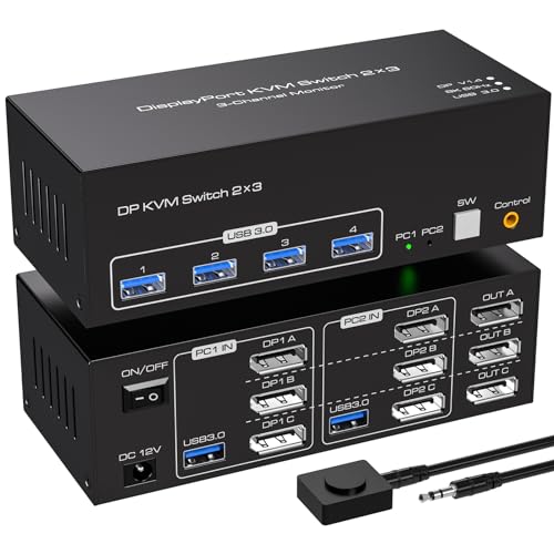 VPFET 8K Displayport KVM Switch 2 Computer 3 Monitore 4K144Hz 8K60Hz Triple Monitor KVM Switches DP 1.4 witch 4 USB 3.0 für 2 PC Share 3 Monitore mit DC12V Adapter und 2 USB 3.0 Kabel von VPFET