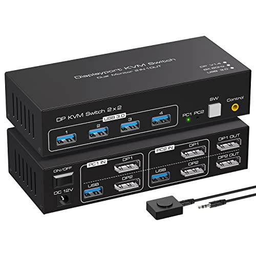 VPFET 8K60Hz DisplayPort KVM Switch 2 PC 2 Monitore 4K120Hz Dual Monitor DP 1.4 Switches for 2 Computers Teilen 4 USB 3.0 Geräte mit 2 USB 3.0 Kable und Desktop-Controller von VPFET