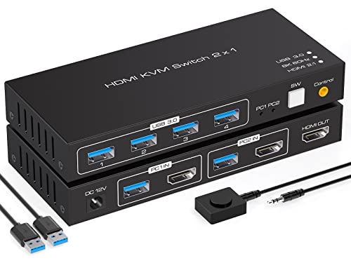 VPFET HDMI KVM Switch 2 Port 4K120Hz 8K60Hz KVM Switcher für 2 Computer Share1 Monitor und 4 USB 3.0 Unterstützt Desktop-Steuerung Enthält 2 USB 3.0 Kabel und Netzteile von VPFET