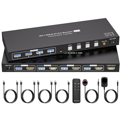 VPFET USB 3.0 HDMI KVM Switch 4 PC 1 Monitore 4K60Hz 4 Port HDMI 2.0 KVM Switches Aktie 4 USB 3.0 Devices Unterstützt EDID-Montage Mit DC12V-Netzadapter und 4 USB 3.0-Kabel von VPFET