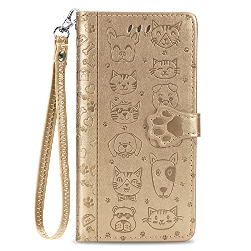 VQWQ Handyhülle Kompatibel mit Oppo A5 Pro - Tier Geprägt Schutzhülle Leder Tasche Flip Case Klapphülle Magnetic Mit Handschlaufe Wallet Cover für Oppo A5 Pro [SD] -Gold von VQWQ