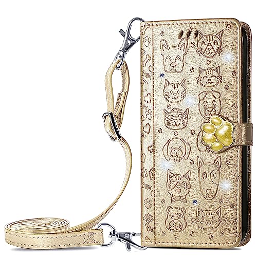 VQWQ Handyhülle Kompatibel mit Oppo Realme 9 Pro - 1-5m Umhängegurt Tier Glitzer Schutzhülle Leder Tasche Flip Case Klapphülle Mit Wallet Case für Oppo Realme 9 Pro [SD] -Gold von VQWQ