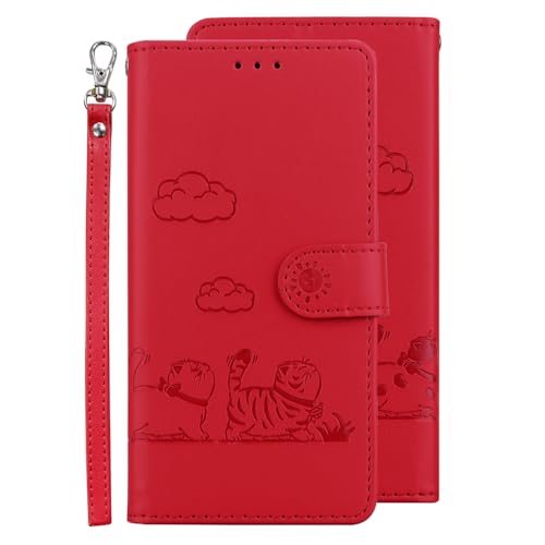 VQWQ Handyhülle Kompatibel mit Oppo Reno 6 Pro + - Katze Schutzhülle Leder Tasche Flip Case Klapphülle Ständer RFID-Block Handschlaufe Wallet Cover für Oppo Reno 6 Pro Plus 5G [TX]-Red von VQWQ