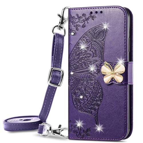 VQWQ Handyhülle Kompatibel mit Redmi Note 11T Pro - 1-5m Umhängegurt Schmetterling Glitzer Schutzhülle Leder Tasche Flip Case Klapphülle Mit Wallet Case für Xiaomi Redmi Note 11T Pro [SD] -Purple- von VQWQ