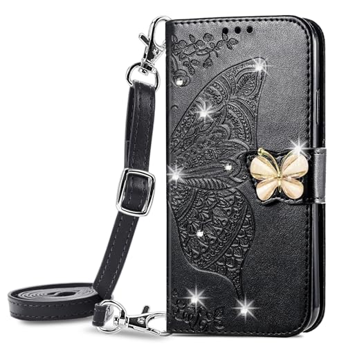 VQWQ Handyhülle Kompatibel mit Samsung Galaxy A23E - 1-5m Umhängegurt Schmetterling Glitzer Schutzhülle Leder Tasche Flip Case Klapphülle Mit Wallet Case für Samsung Galaxy A23E [SD] -Black von VQWQ