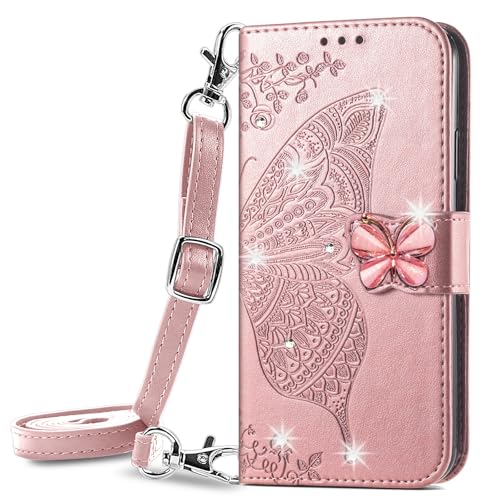 VQWQ Handyhülle Kompatibel mit Xiaomi Redmi 14C 4G - 1-5m Umhängegurt Schmetterling Glitzer Schutzhülle Leder Tasche Flip Case Klapphülle Mit Wallet Case für Xiaomi Redmi 14C 4G [SD] -Rosegold von VQWQ