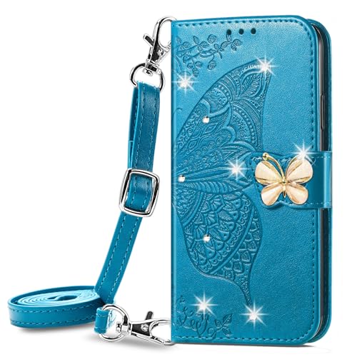VQWQ Handyhülle Kompatibel mit Xiaomi Redmi A1-1-5m Umhängegurt Schmetterling Glitzer Schutzhülle Leder Tasche Flip Case Klapphülle Mit Wallet Case für Xiaomi Redmi A1 [SD] -Blue von VQWQ