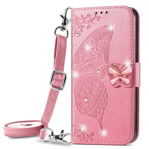 VQWQ Handyhülle Kompatibel mit Xiaomi Redmi K60 Ultra - 1-5m Umhängegurt Schmetterling Glitzer Schutzhülle Leder Tasche Flip Case Klapphülle Mit Wallet Case für Xiaomi Redmi K60 Ultra [SD] -Pink von VQWQ