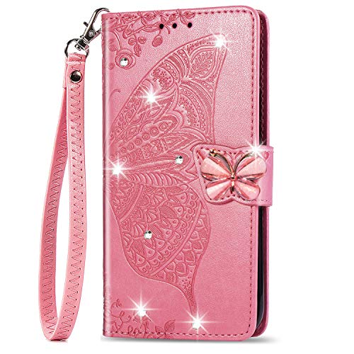 VQWQ Hülle für Nokia 5.4 - Glitzer Diamant Embossed Schmetterling Leder Tasche Klapphülle Lanyard Kartenschlitz Magnet Flip Schutzhülle für Nokia 5.4 [ZS] -Rosa von VQWQ