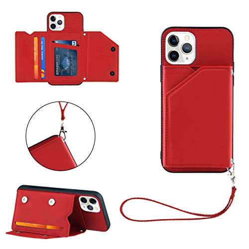 VQWQ Wallet Case iPhone 11 Pro 5.8" - Schlüsselband Handyhülle mit Kartenhalter Handschlaufe Ständer Metall-Knopf Volltonfarbe Magnet Lederhülle für iPhone 11 Pro 5.8" [CHS] -Red von VQWQ