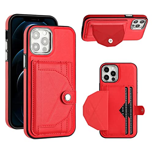 VQWQ Wallet Case iPhone 12 6.1" - Magnetische Handyhülle mit Kartenhalter Handschlaufe Ständer Metall-Knopf Volltonfarbe Lederhülle für iPhone 12 6.1" [KB] -Red von VQWQ